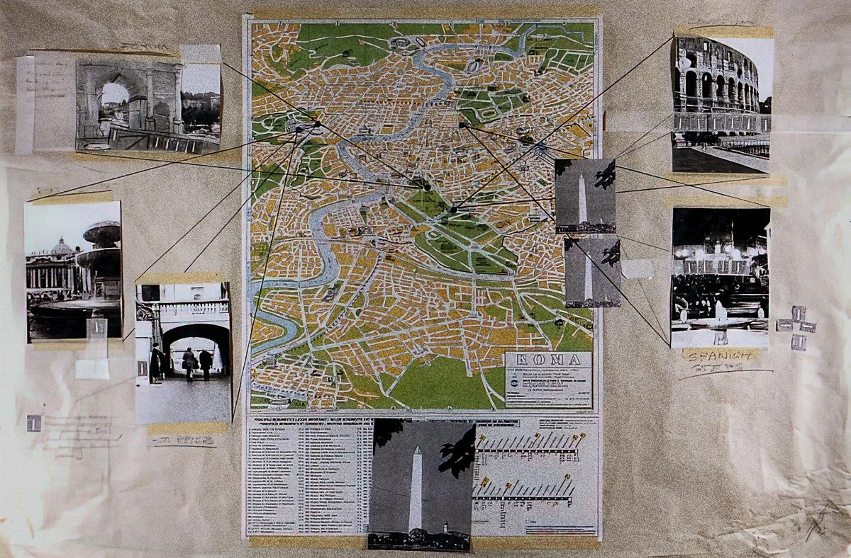 Monuments, Roma, collage on newsprint, 24 x 36 in., 1993.