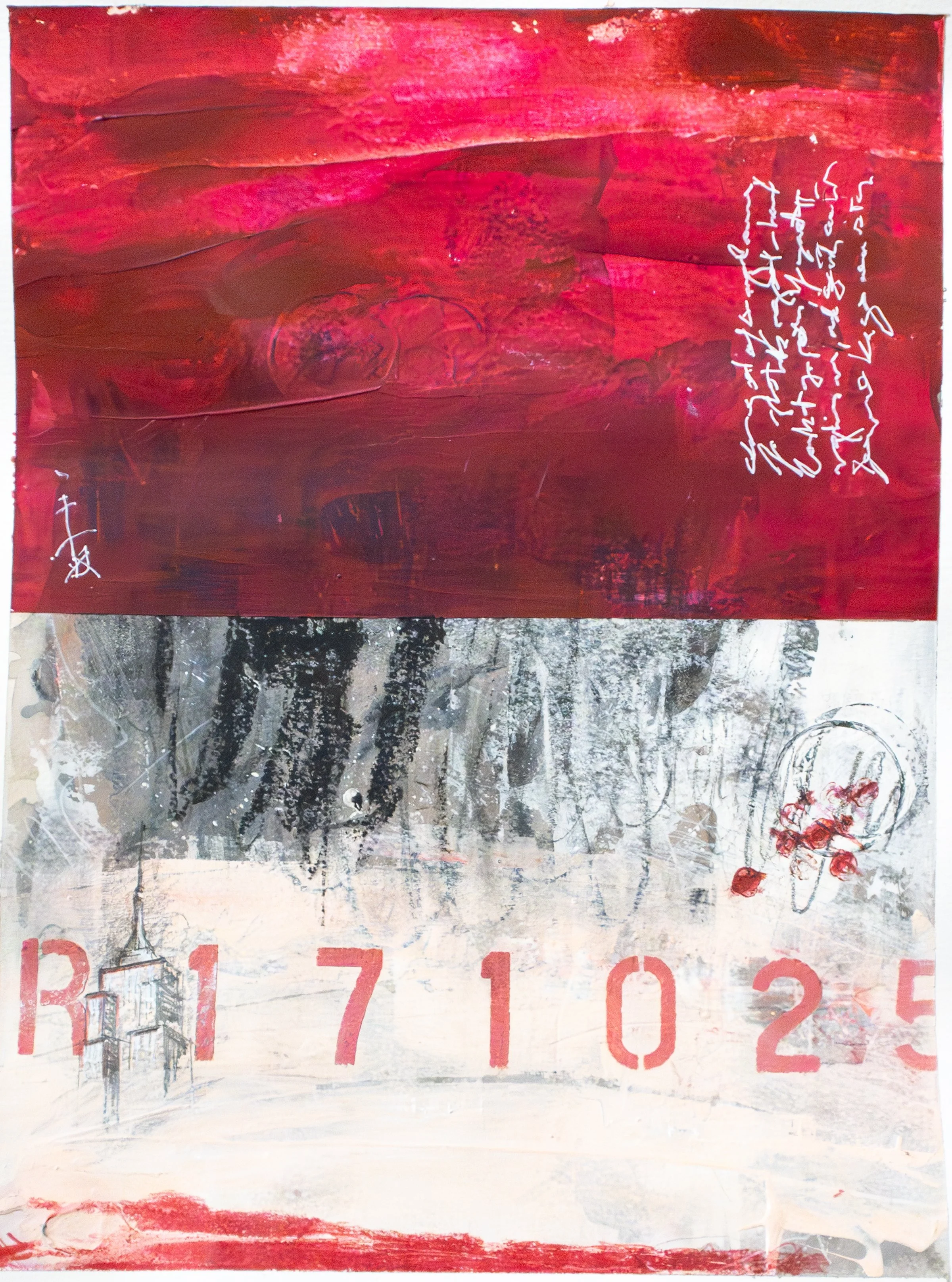 Unstoppable Heart No. R171025, 2025, Ink, acrylic, oil pastel, and graphite on paper, 22,9 x 30,5 cm