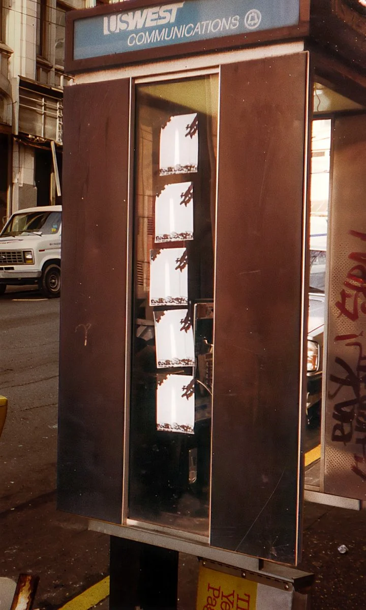 Monuments, photocopied poster on USWest Communications phone booth, Pioneer Square, Seattle, 1993.