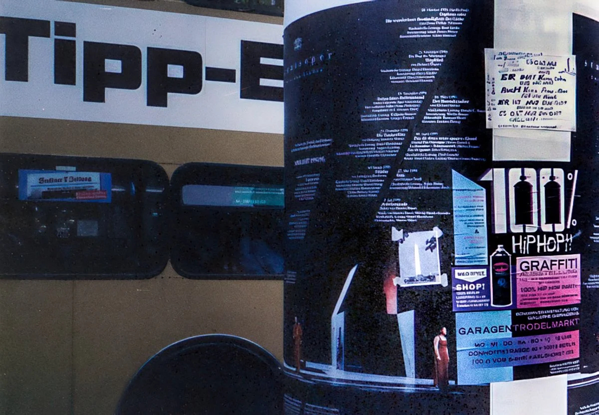 Monuments, photocopied poster on street kiosk with bus, Berlin, Germany, 1994