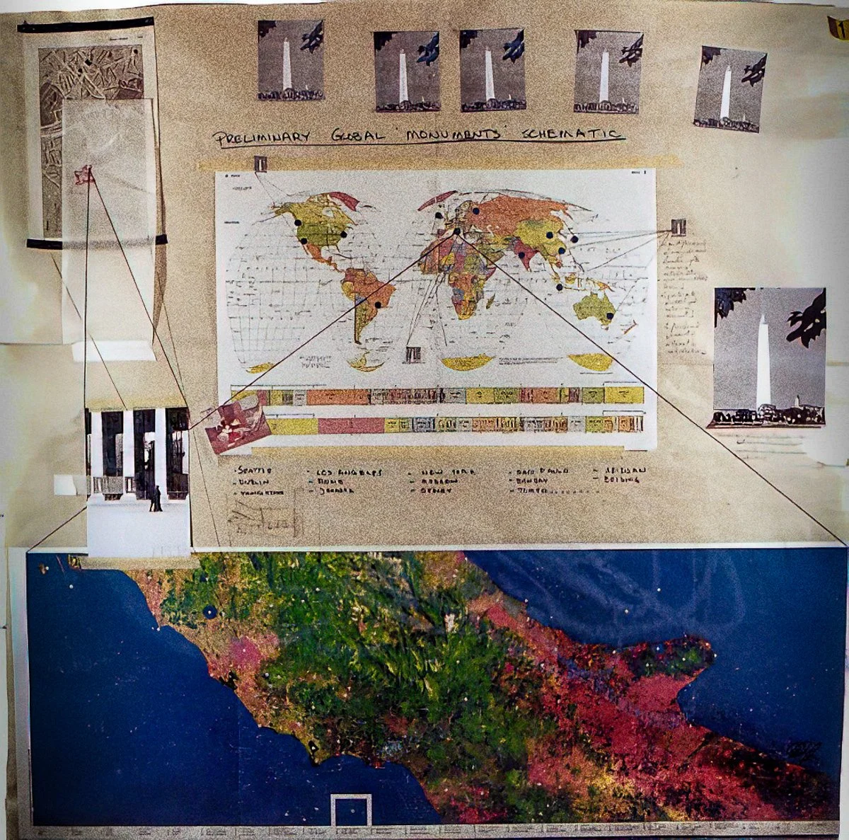 Monuments, Global Plan, collage on newsprint, 36 x 35 in., 1993.