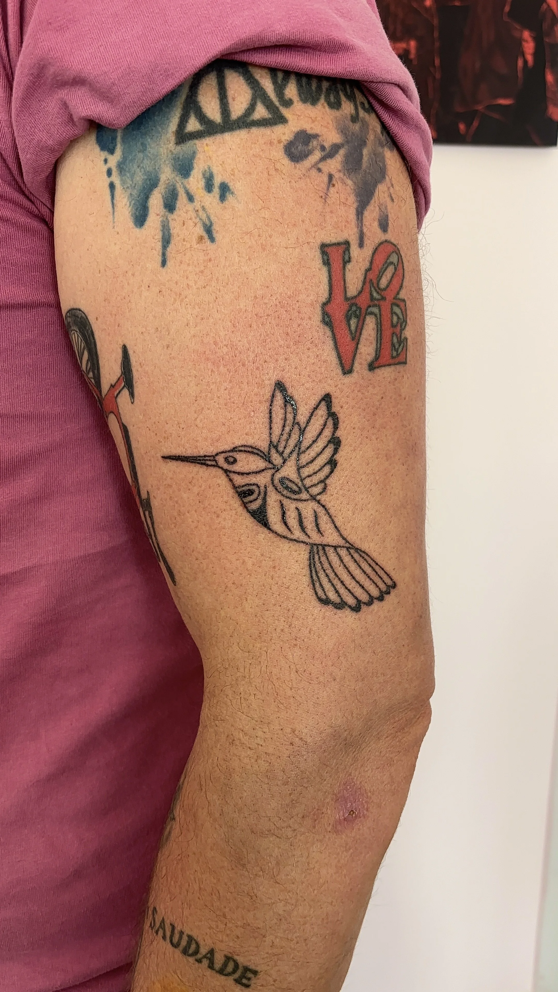 Hand poked hummingbird tattoo in Coast Salish inspired design made by Arianna Lauren of O Siiem Tatu.