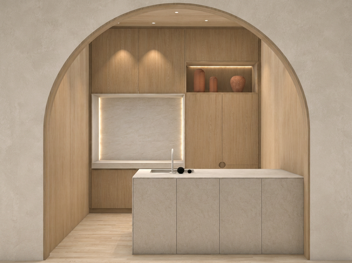 Concept de cuisine sur mesure en bois naturel et pierre claire, intégré dans une arche architecturale.