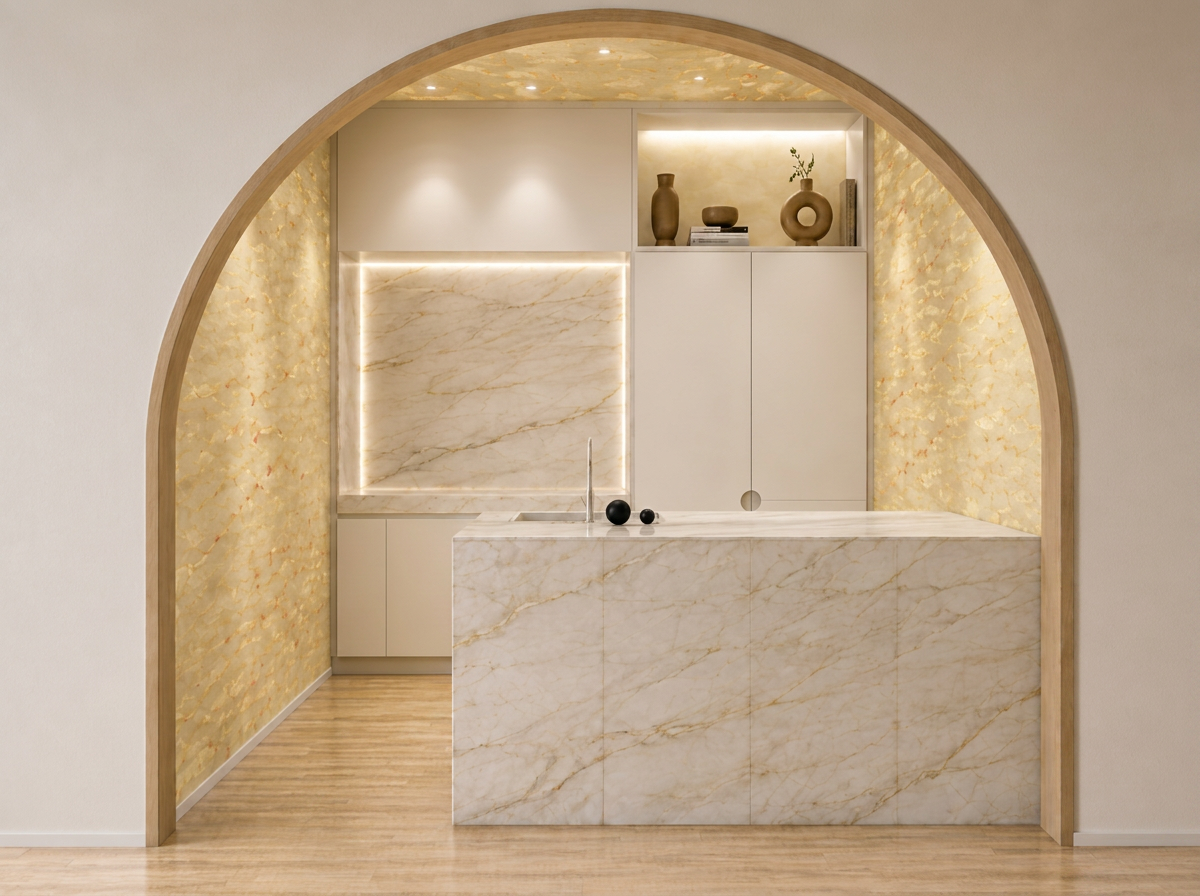 Concept de cuisine sur mesure avec arche architecturale, pierre claire et mobilier intégré.