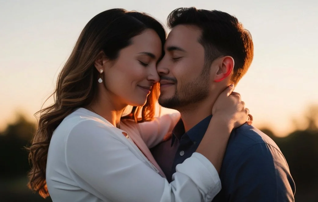 A loving couple embracing gently at sunset, symbolizing healing, emotional safety, and relational breakthrough achieved through restoration therapy and couples counseling.
