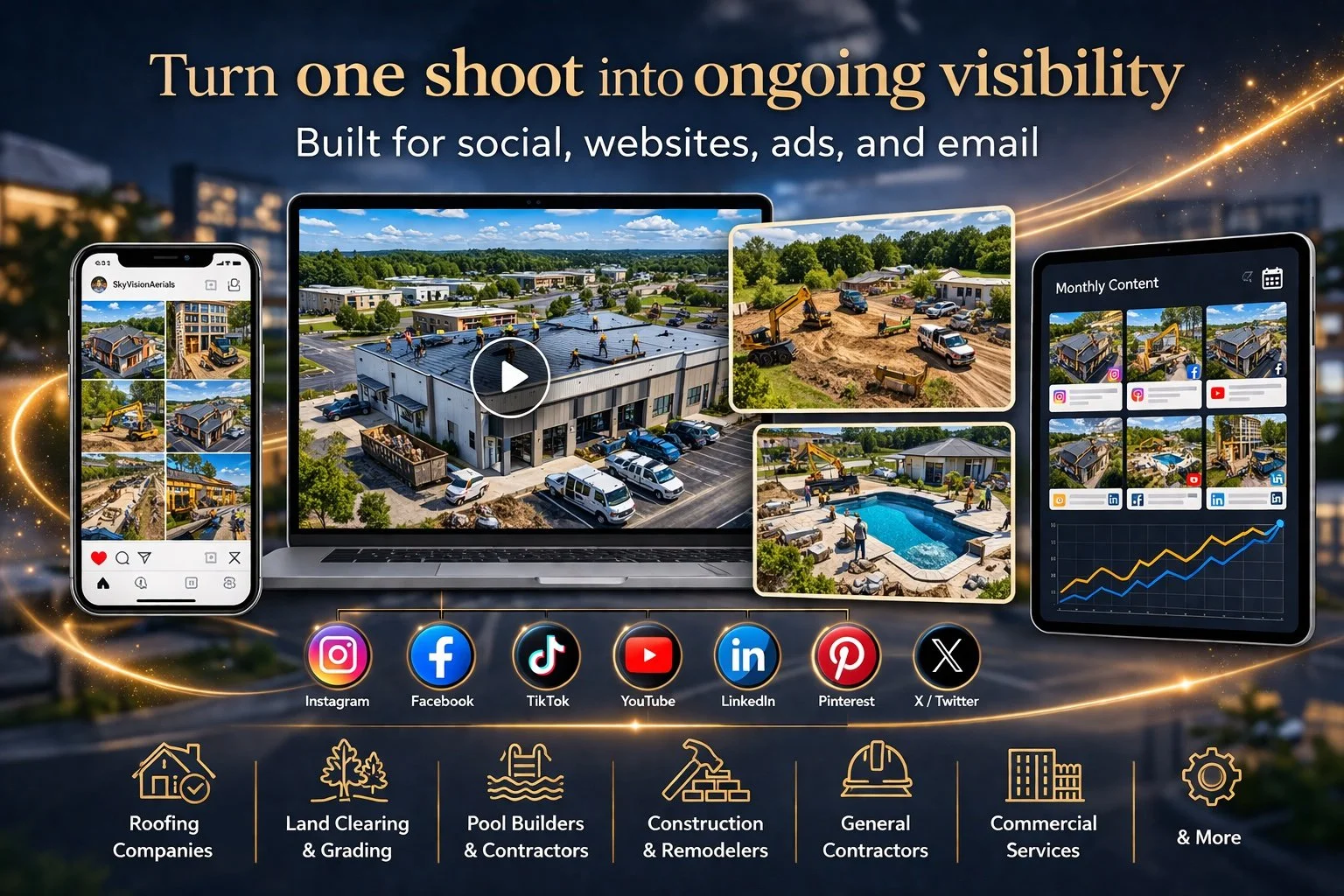 Drone video content repurposed for social media, websites, digital ads, and email marketing for service-based businesses