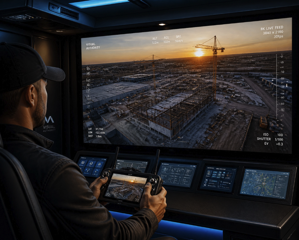 Drone operator monitoring a live aerial feed of a construction site for real-time visibility and operational control.