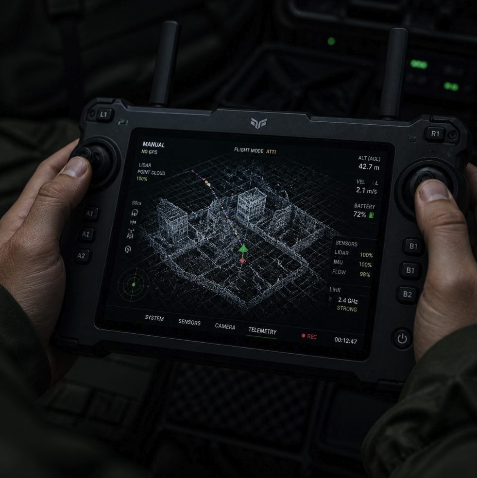 Professional drone pilot using a tactical controller for high-stakes LiDAR mapping and flight control.