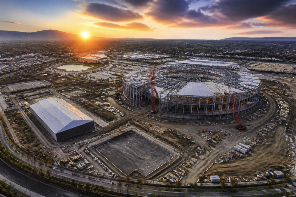 Cinematic aerial view of a large-scale construction project showing full-site operational perspective.