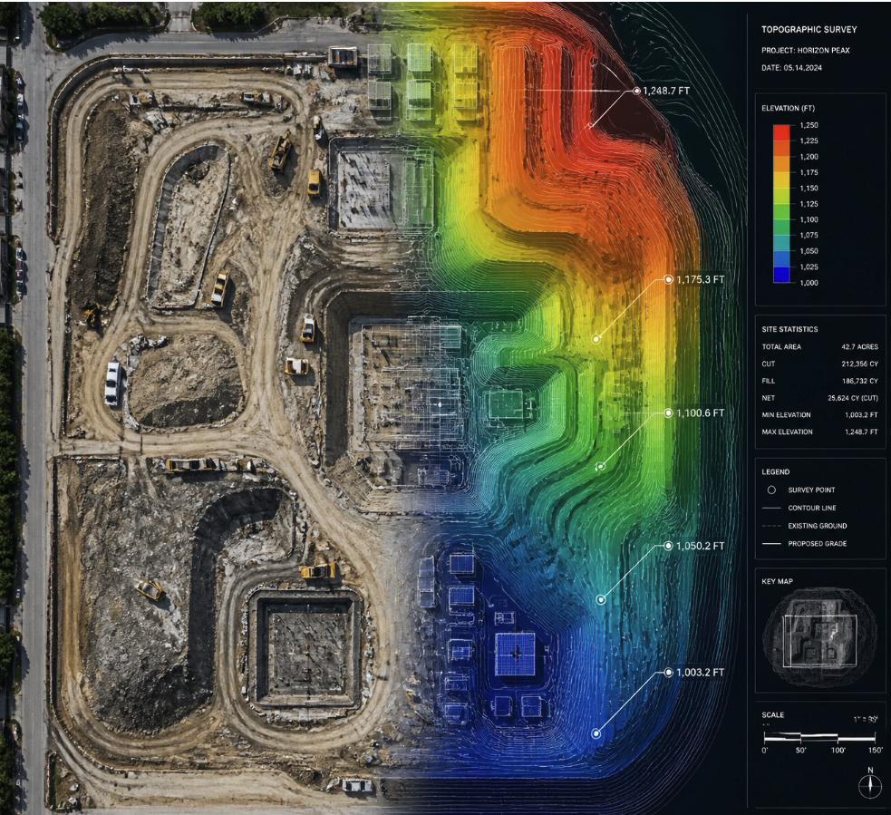 High-resolution drone orthomosaic map of a construction site with topographic contour and heatmap overlays.