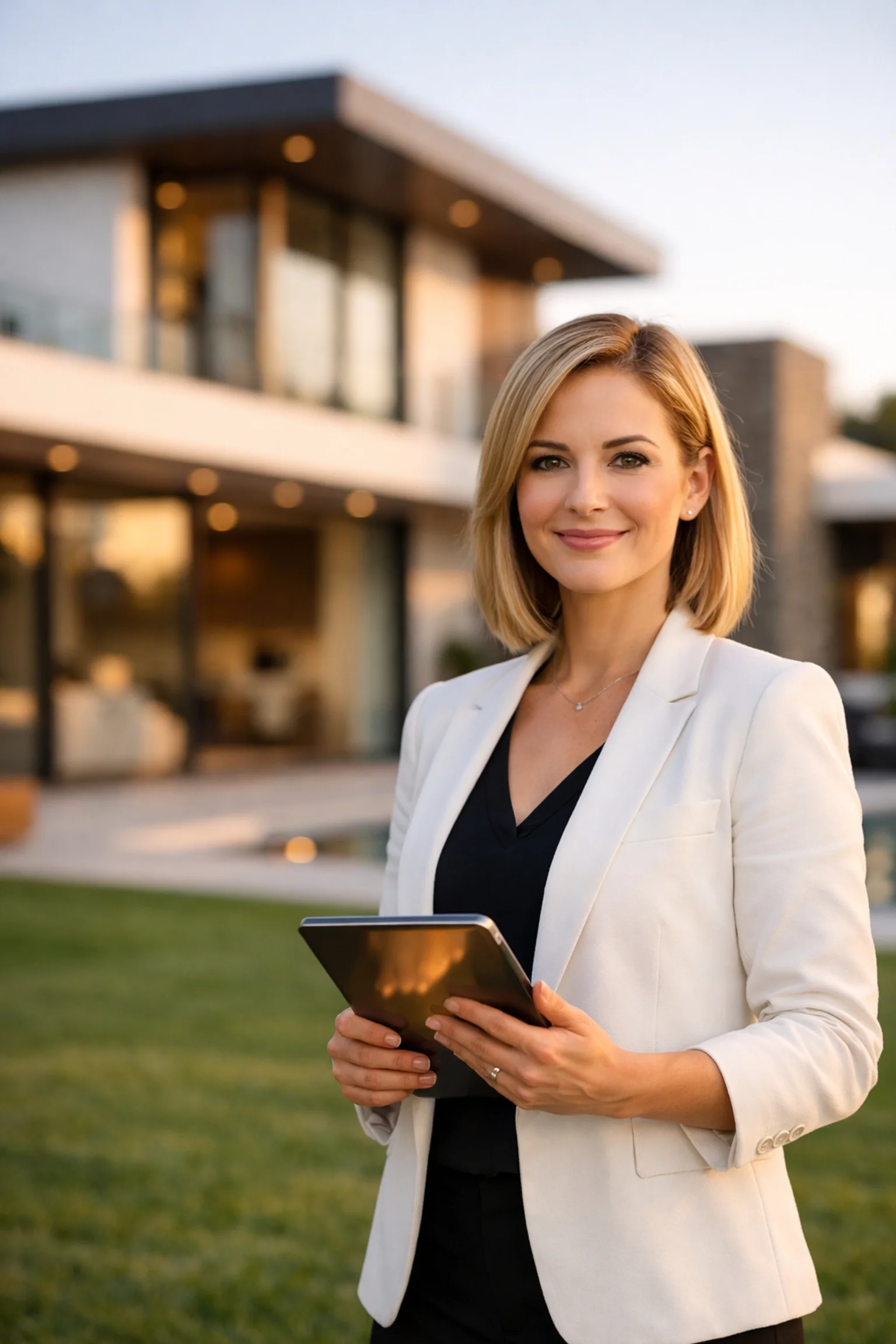 Professional real estate agent presenting high-end property marketing on a tablet at a luxury home listing.