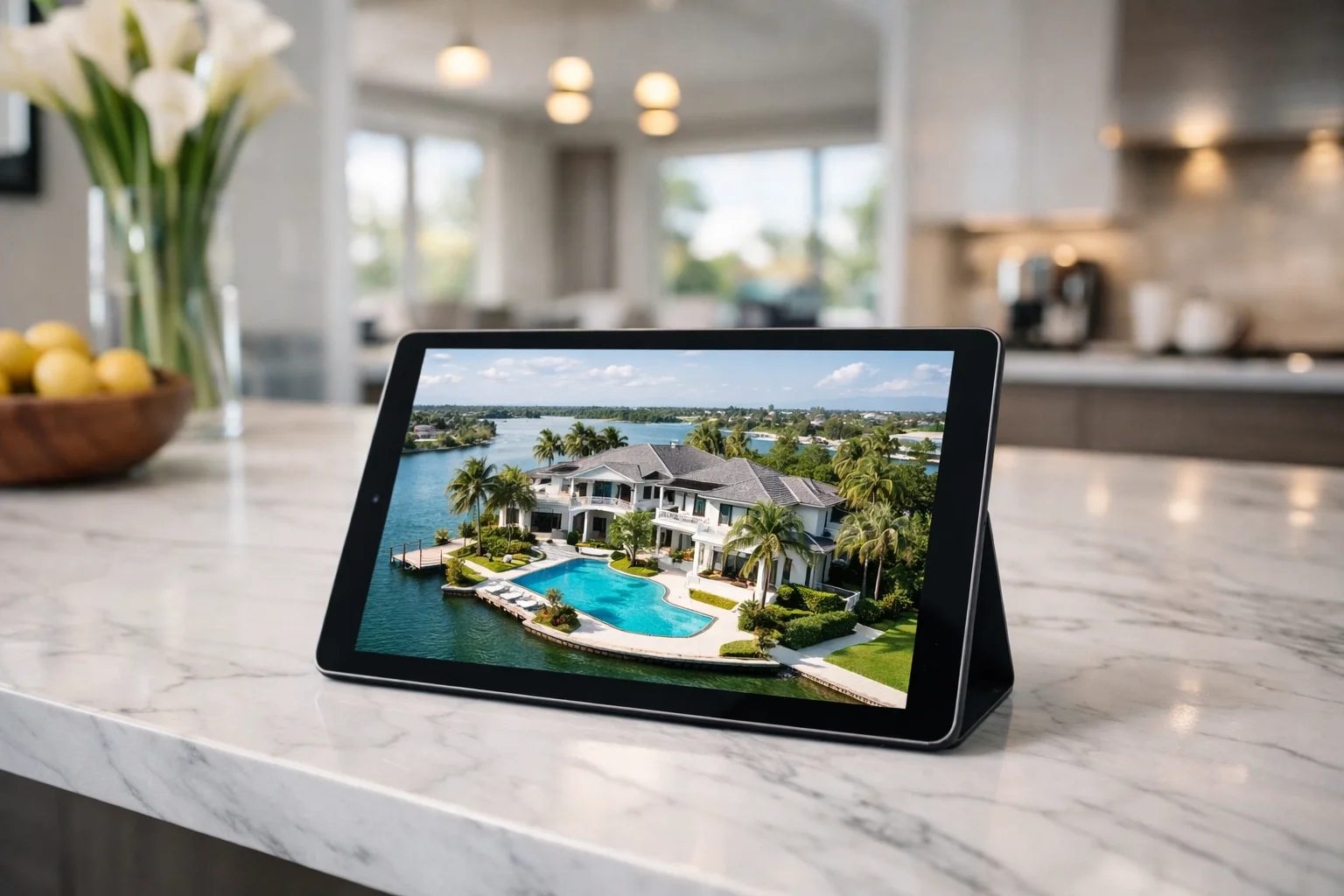 Tablet showing professional drone videography of a luxury Florida home with a pool on a modern kitchen counter.