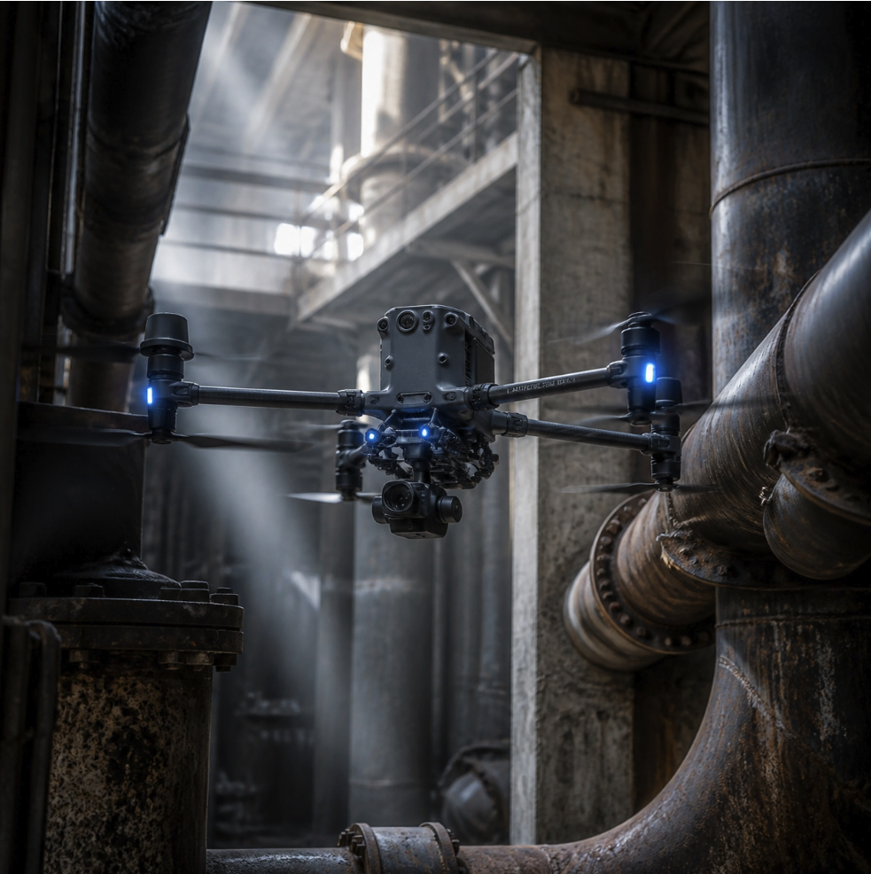 Industrial drone navigating tight factory pipes during a GPS-denied precision operation.