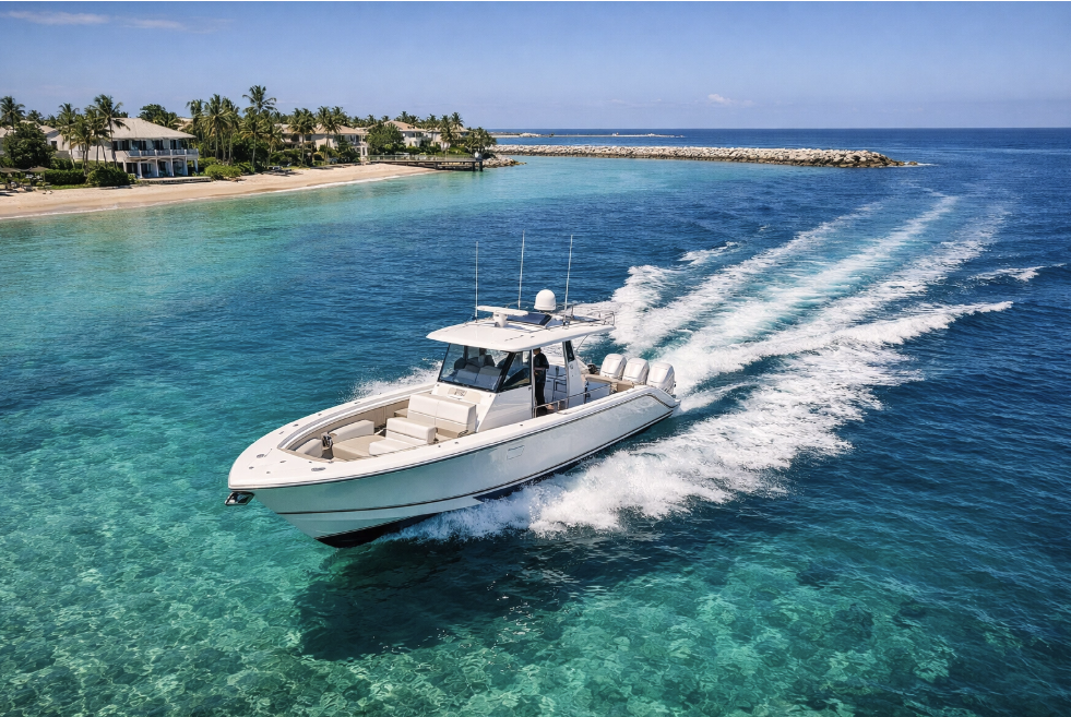 Cinematic aerial shot of a premium center-console boat in clear Florida turquoise water near an inlet
