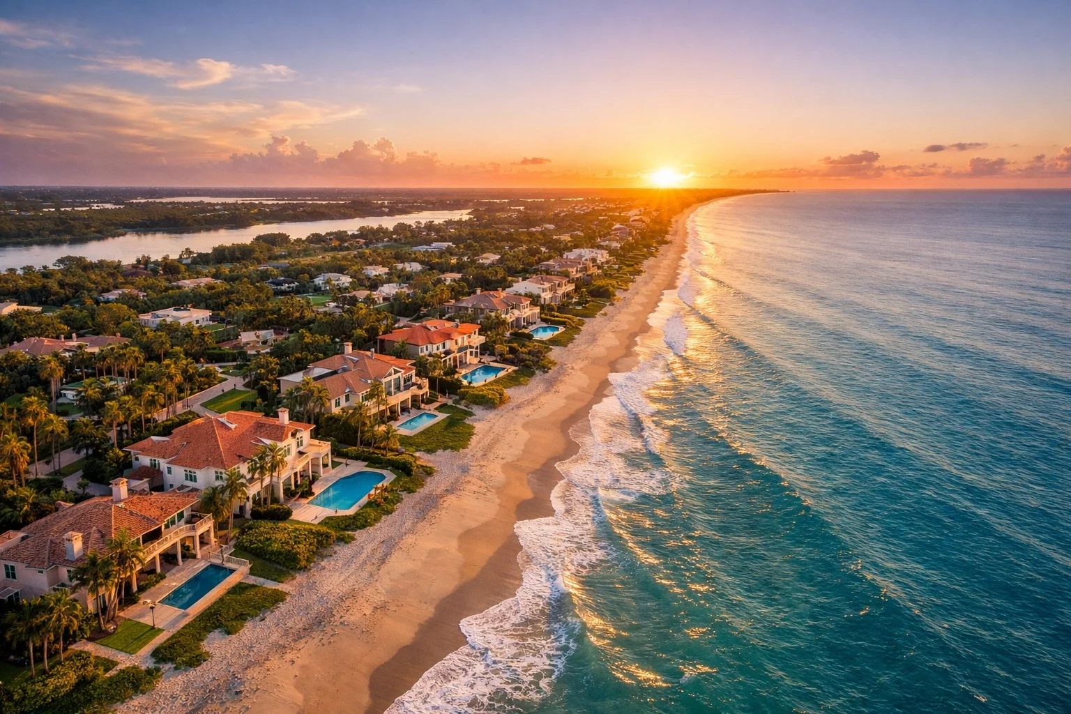 Aerial drone photography of luxury beachfront mansions and coastline in Indian River County Florida at sunrise.