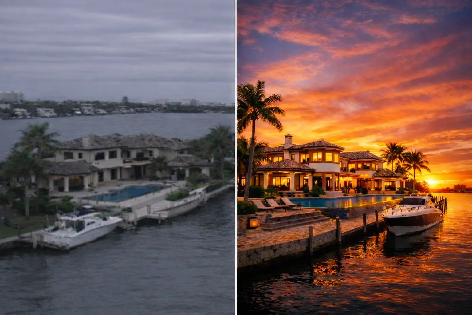 Professional vs amateur drone videography comparison of a luxury Florida waterfront estate at sunset.