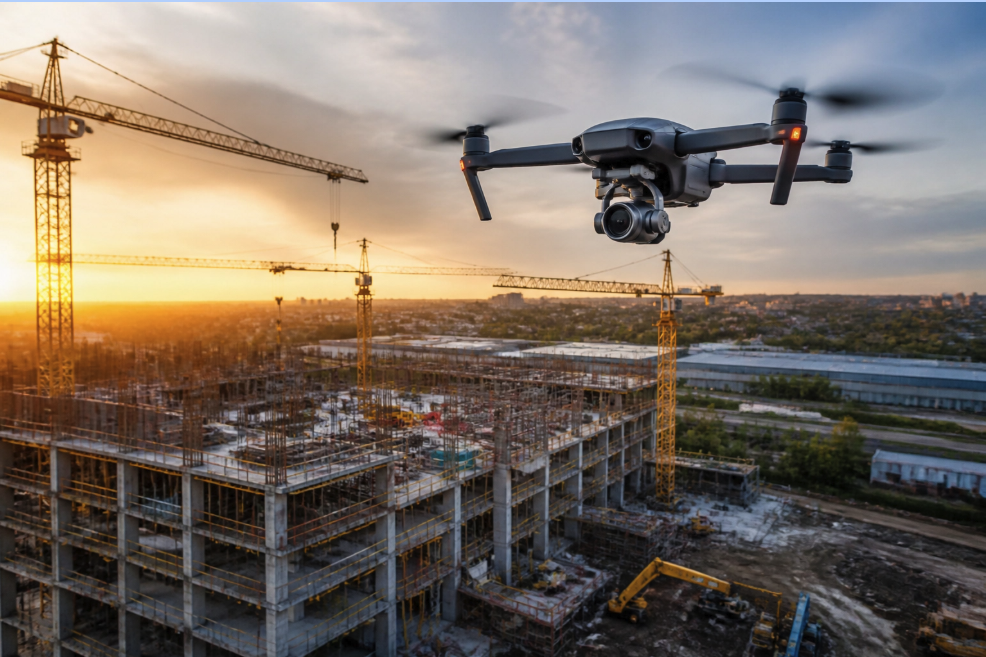 Professional drone capturing a large-scale construction site with cranes, equipment, and active project infrastructure.