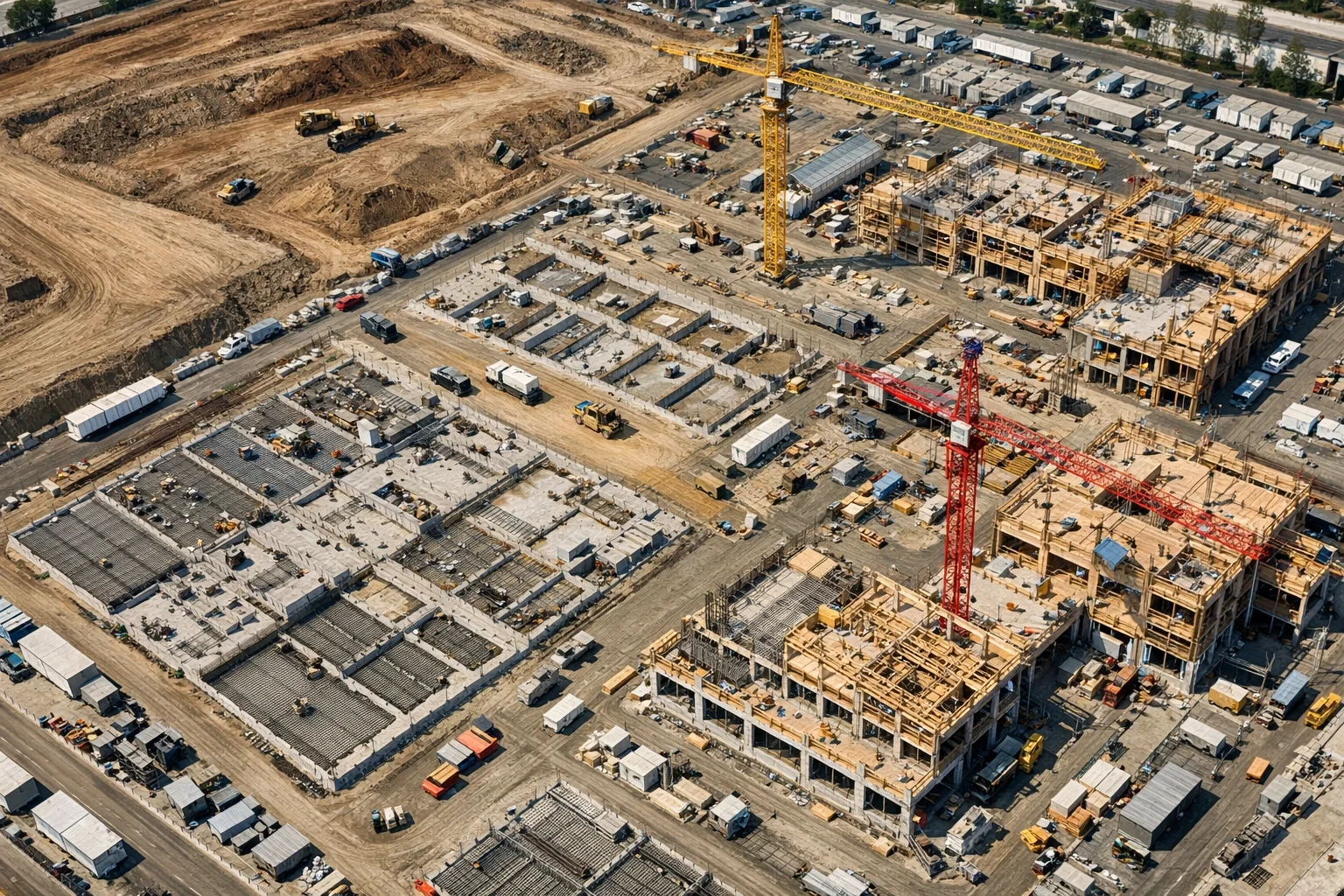 Cinematic aerial view of a complex construction project captured by a drone, representing visual authority and strategic progress tracking.