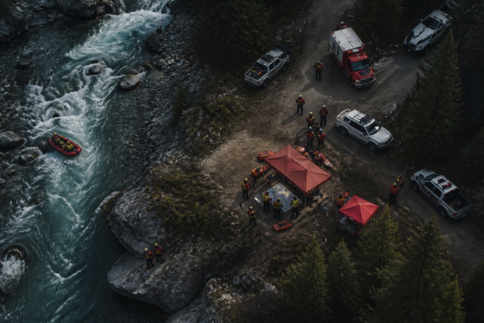 Cinematic aerial view of a live rescue operation showing real-time visibility and decision support in action.
