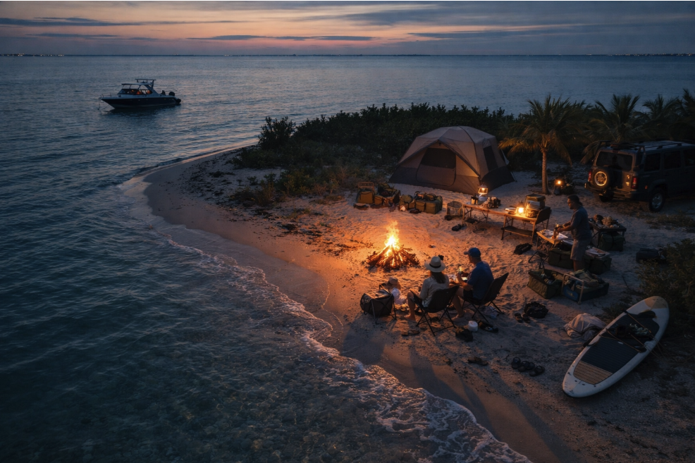 Cinematic aerial shot of people camping on a Florida island at dusk with a boat anchored offshore, a glowing campfire, and premium outdoor gear in use