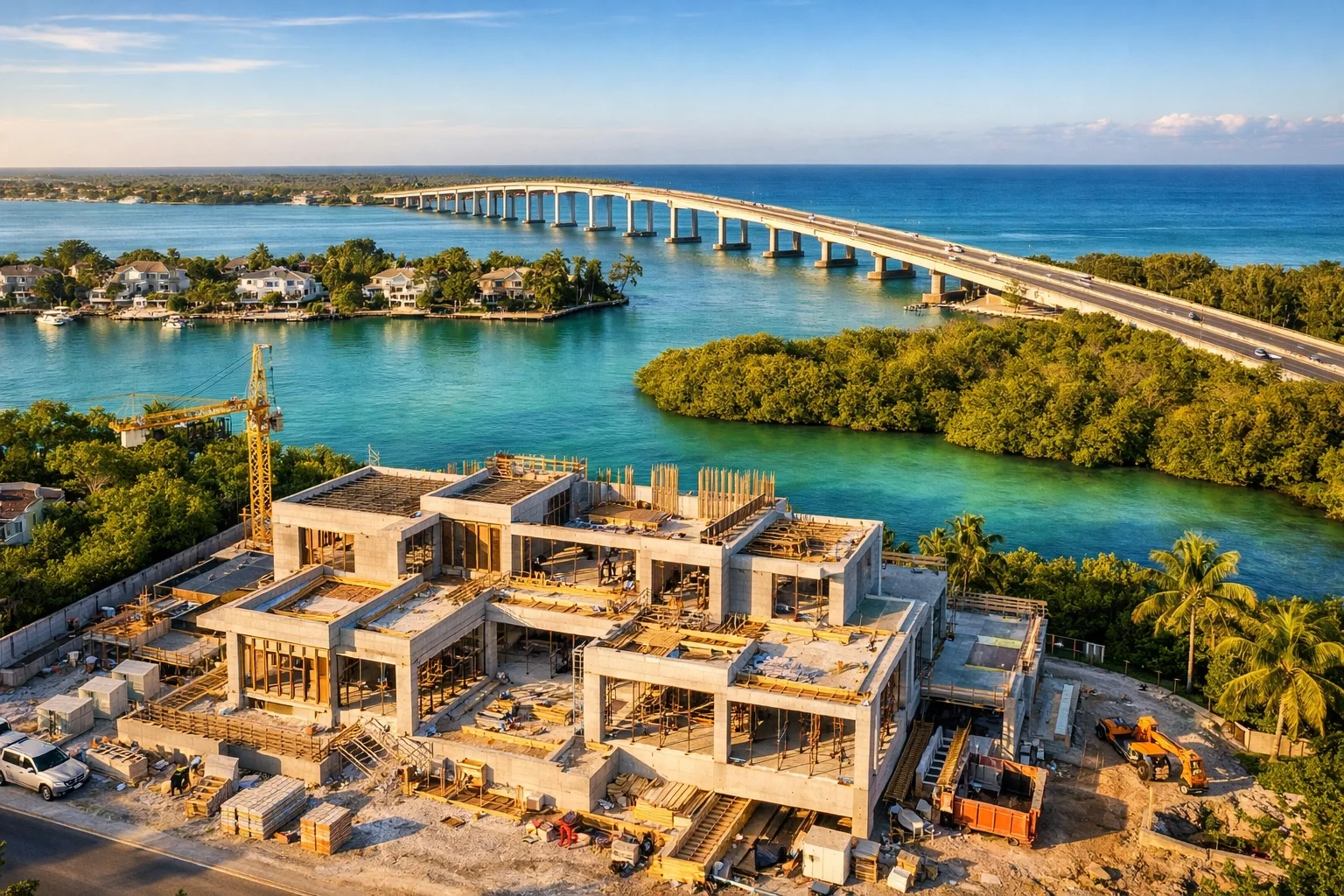 Aerial drone videography of a luxury residential construction site along the Florida coastline with a scenic bridge.