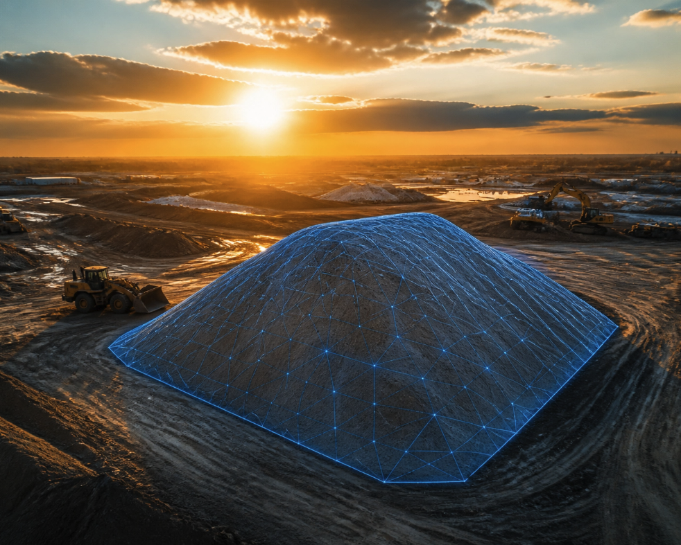 Precision volume calculation of a construction stockpile using drone aerial data and 3D mesh overlays.