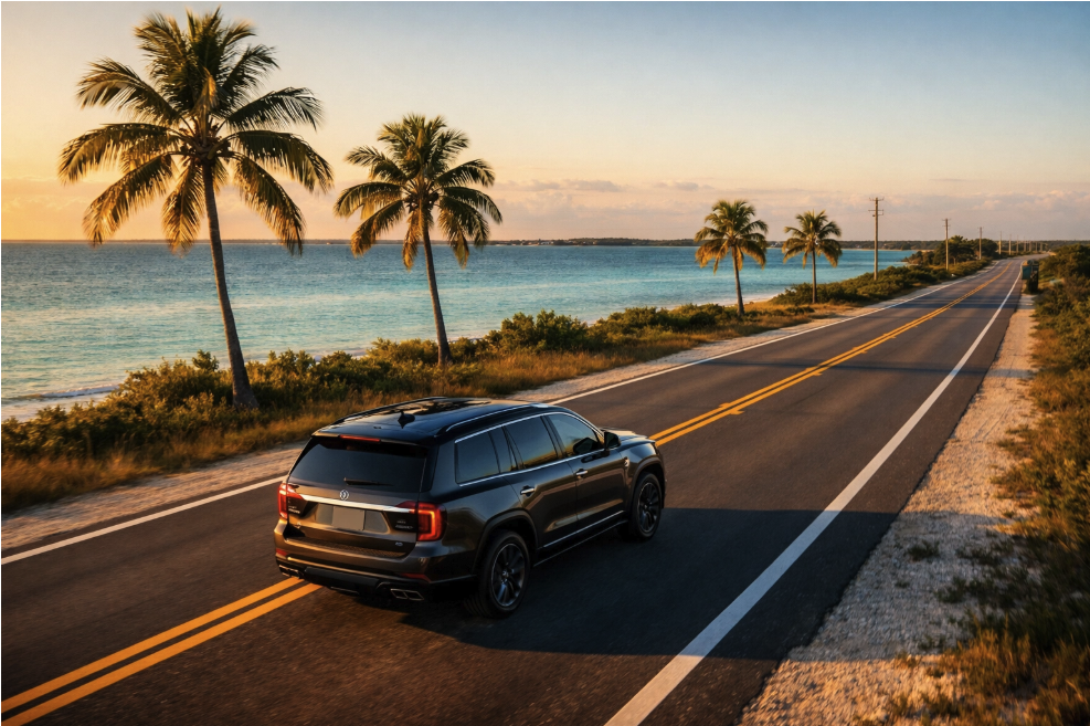 Cinematic aerial shot of a luxury SUV on a Florida coastal road with palm trees and turquoise water