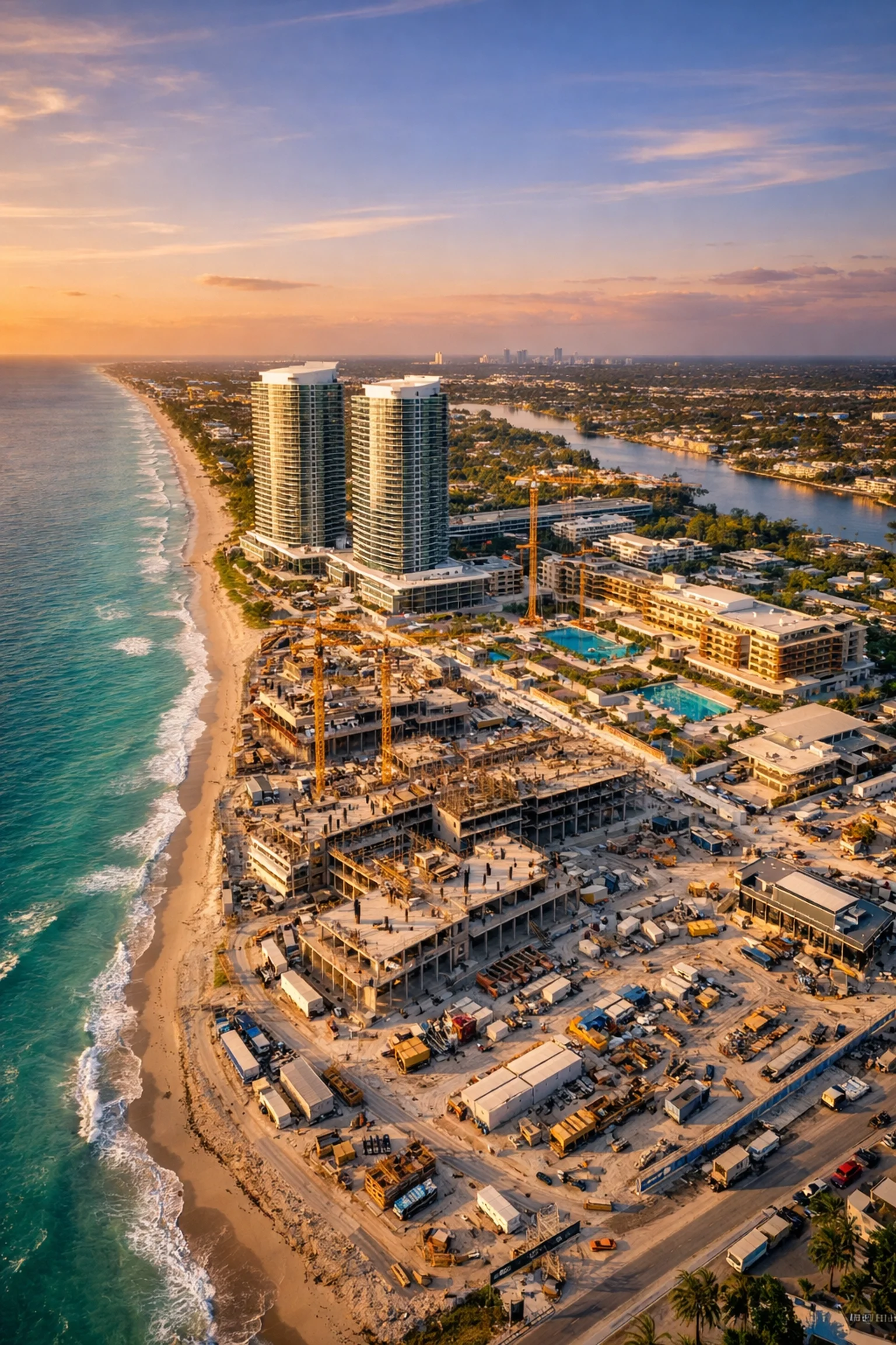 Aerial drone photography of a luxury coastal construction site in Florida for professional project monitoring.