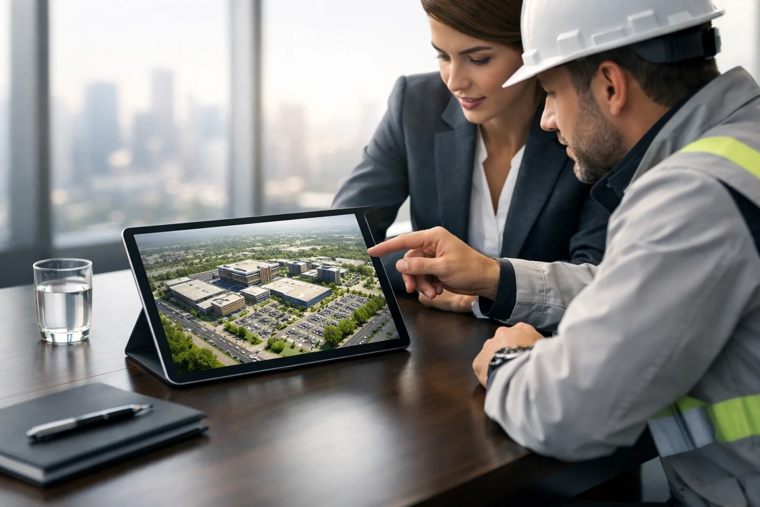 Business professionals reviewing strategic aerial content on a tablet during a high-level visual growth session.