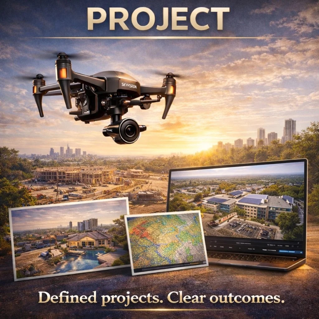 Drone project services showing aerial photography, mapping data, and commercial property visuals with defined scope and clear deliverables by SkyVision