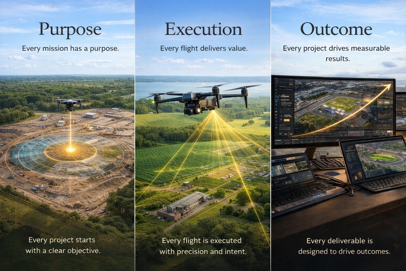 A three-panel infographic with aerial images of drones. The first panel titled "Purpose" shows a drone over a construction site with a glowing target. The second panel titled "Execution" features a drone flying over a farm with lines indicating data collection. The third panel titled "Outcome" displays multiple monitors showing data analysis and project results. Each panel includes a caption: "Every project starts with a clear objective," "Every flight is executed with precision and intent," and "Every deliverable is designed to drive outcomes."