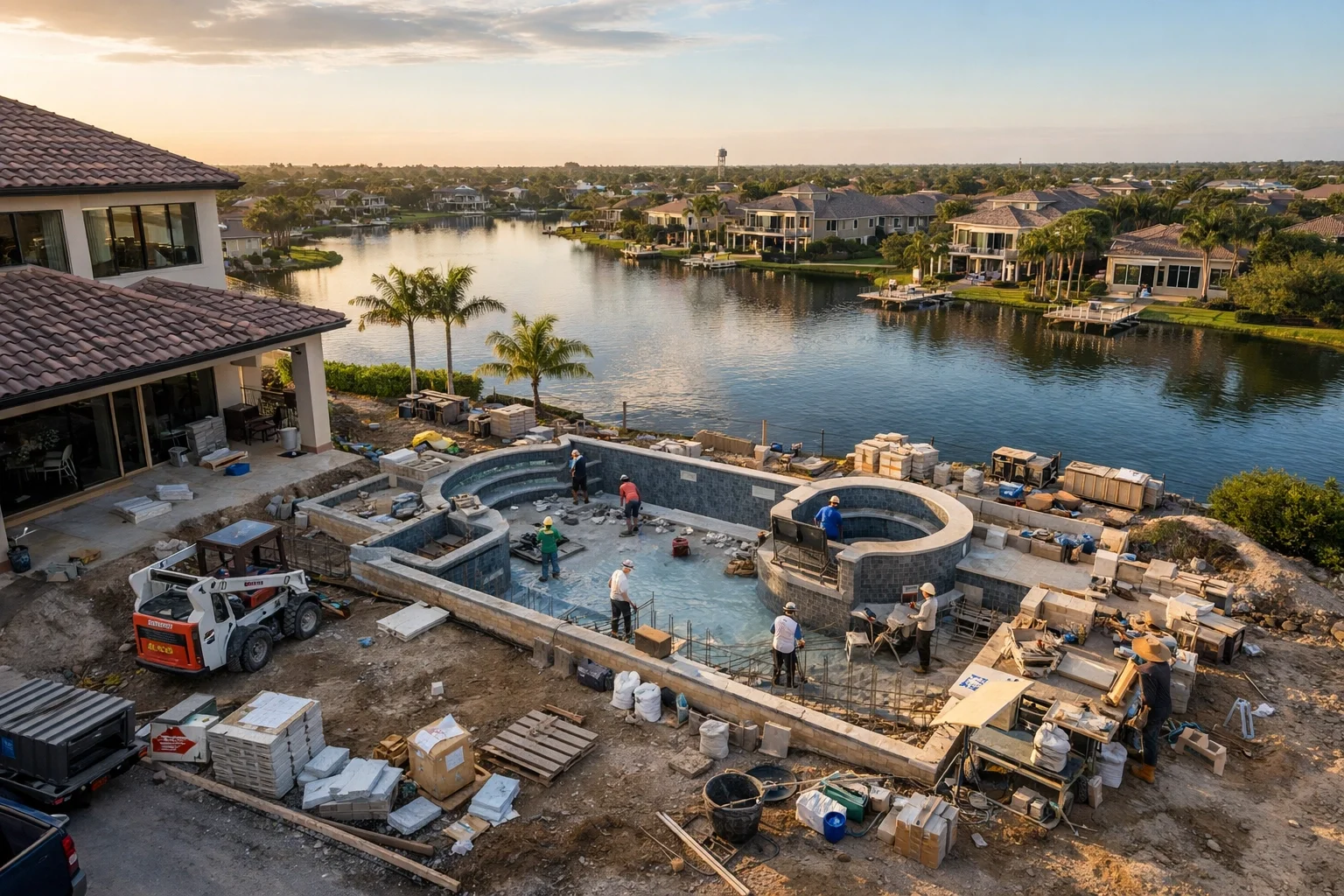 Aerial drone photography of a luxury pool construction project illustrating high-end visual authority and scale.
