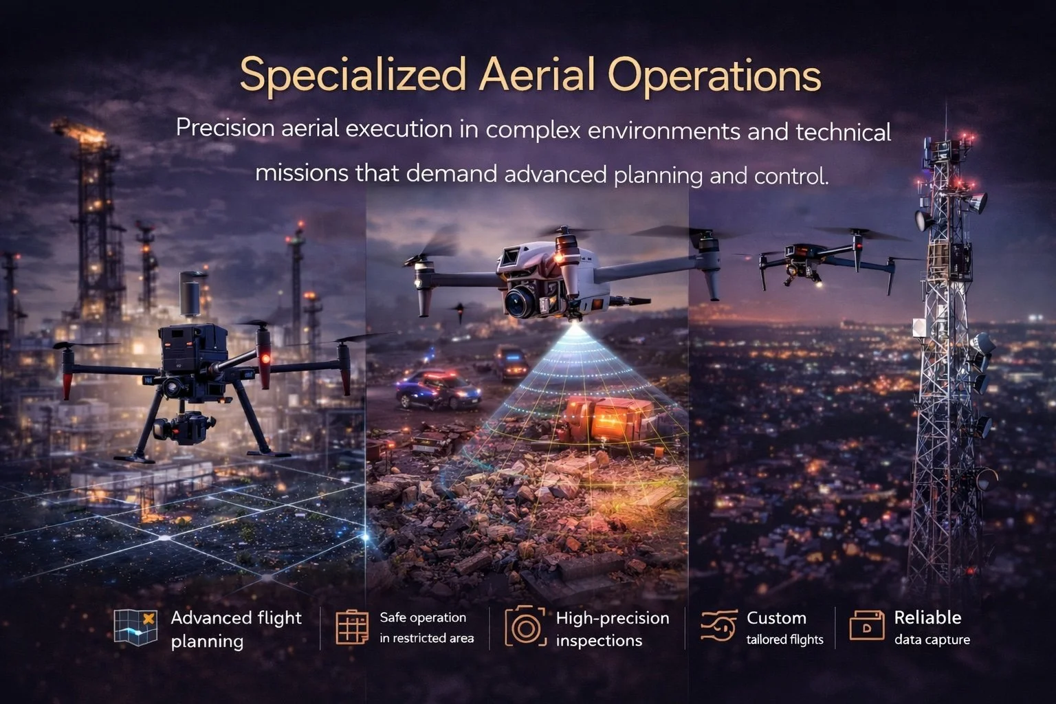 Two drones flying over a city at night with a ground vehicle and a large communication tower in the background, illustrating advanced aerial operations.