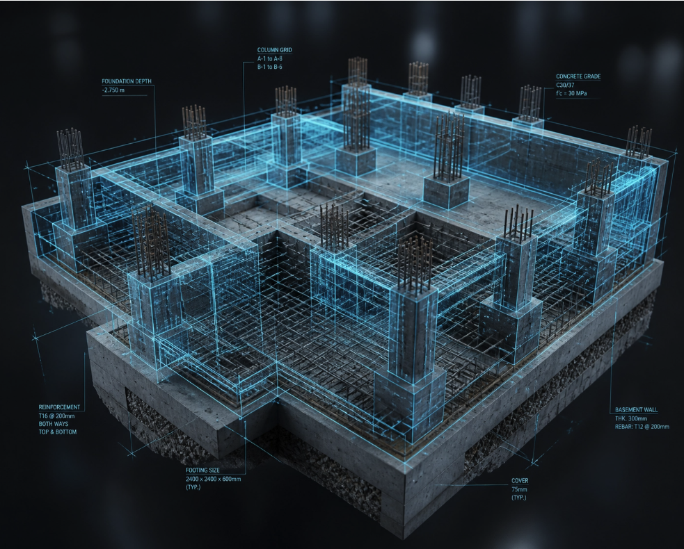3D digital twin and architectural wireframe model of a commercial building foundation for site precision.