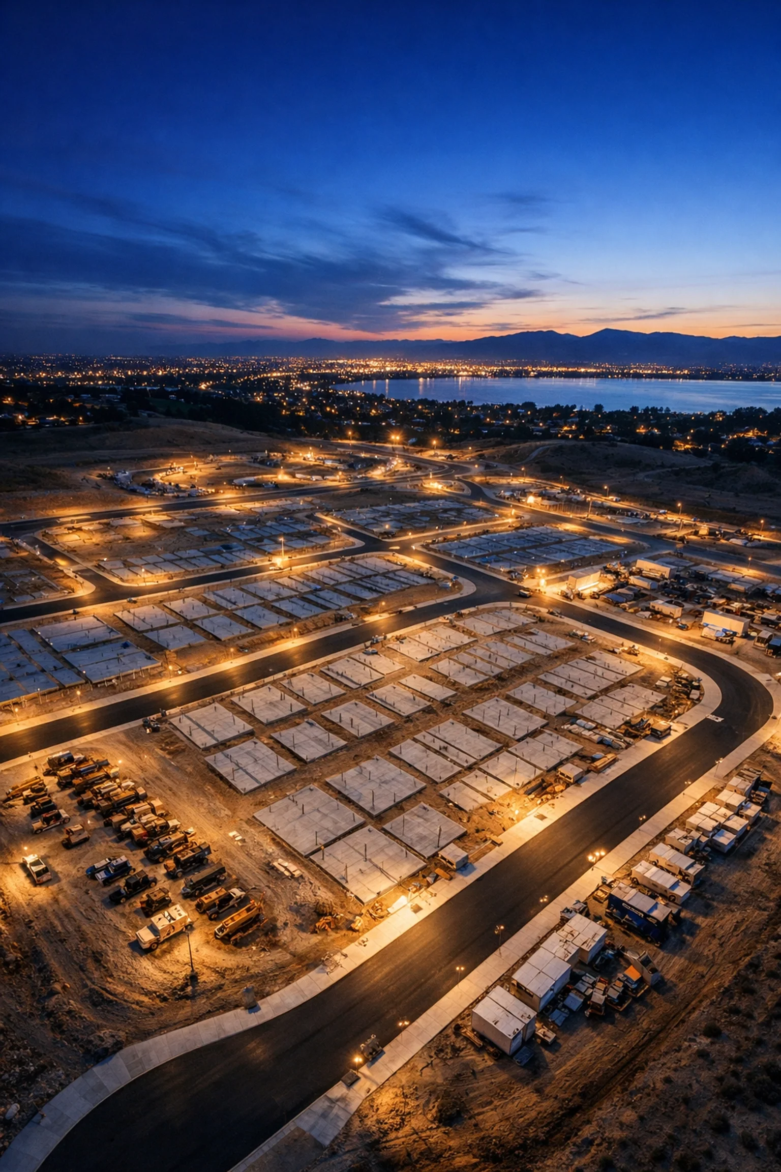 Cinematic aerial drone view of a large-scale Vero Beach construction site at sunset for project tracking.
