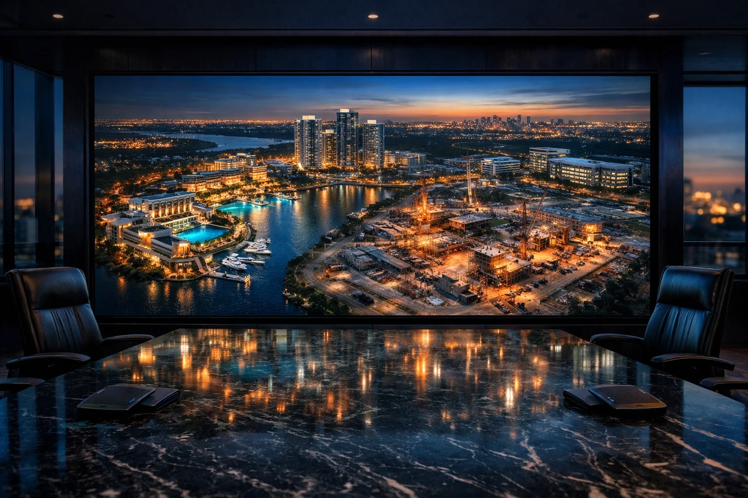 Corporate boardroom featuring a high-resolution drone-captured aerial map of a luxury development site.