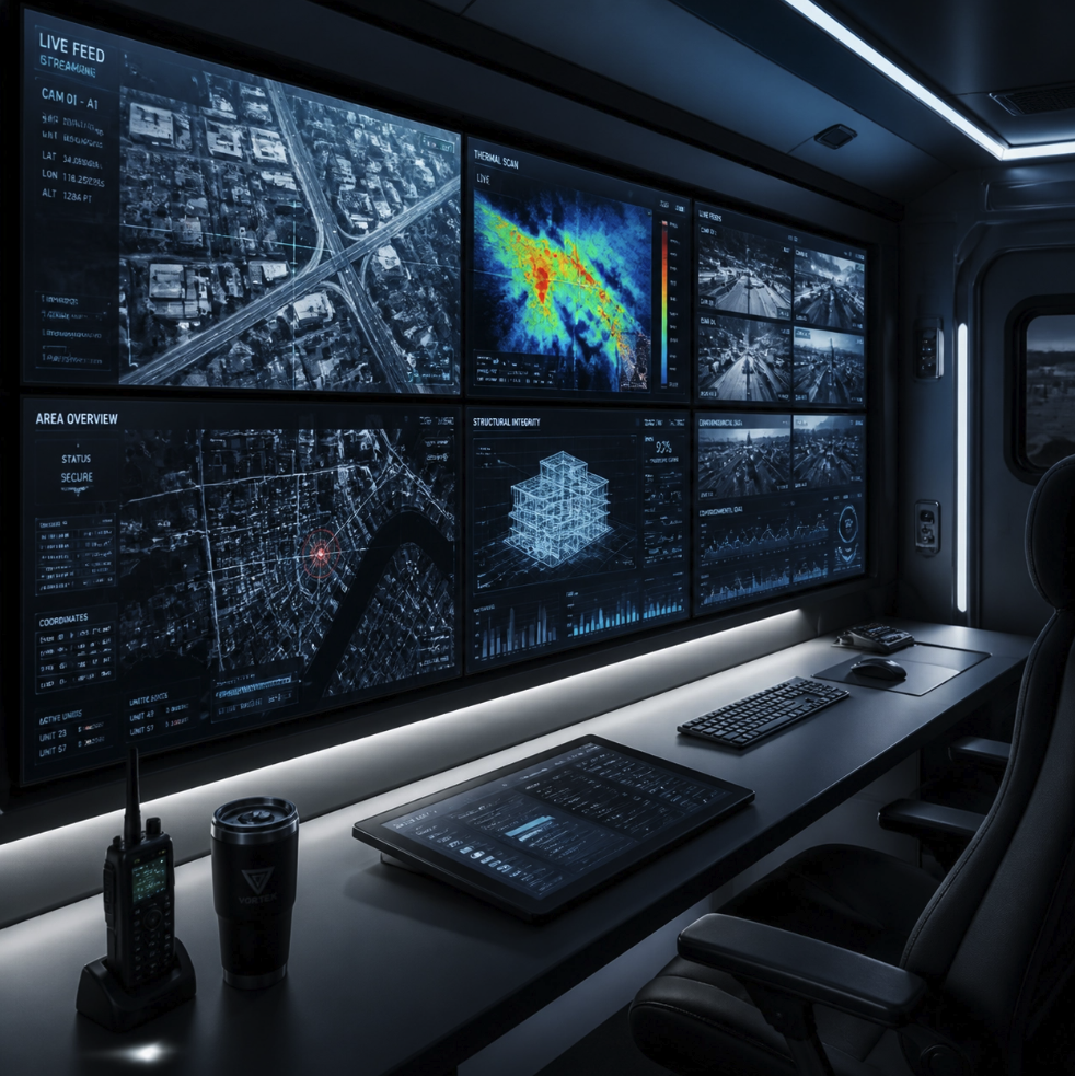 Modern drone command center displaying live aerial data and telemetry for specialized operations.