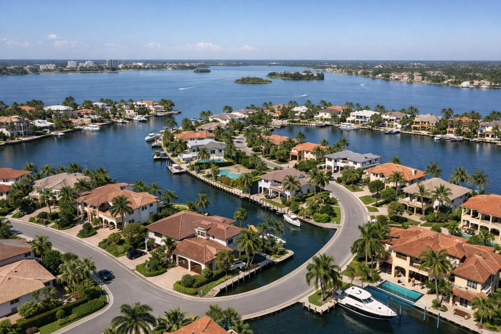Aerial view of a luxury Florida waterfront neighborhood showcasing premium real estate marketing visuals.