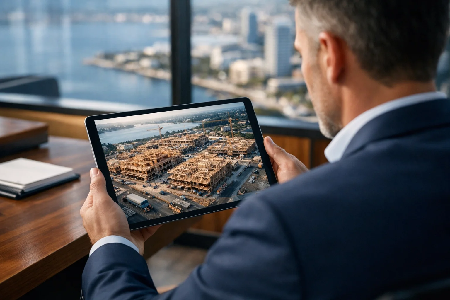 Developer reviewing aerial drone photography of a construction site on a tablet for project documentation.