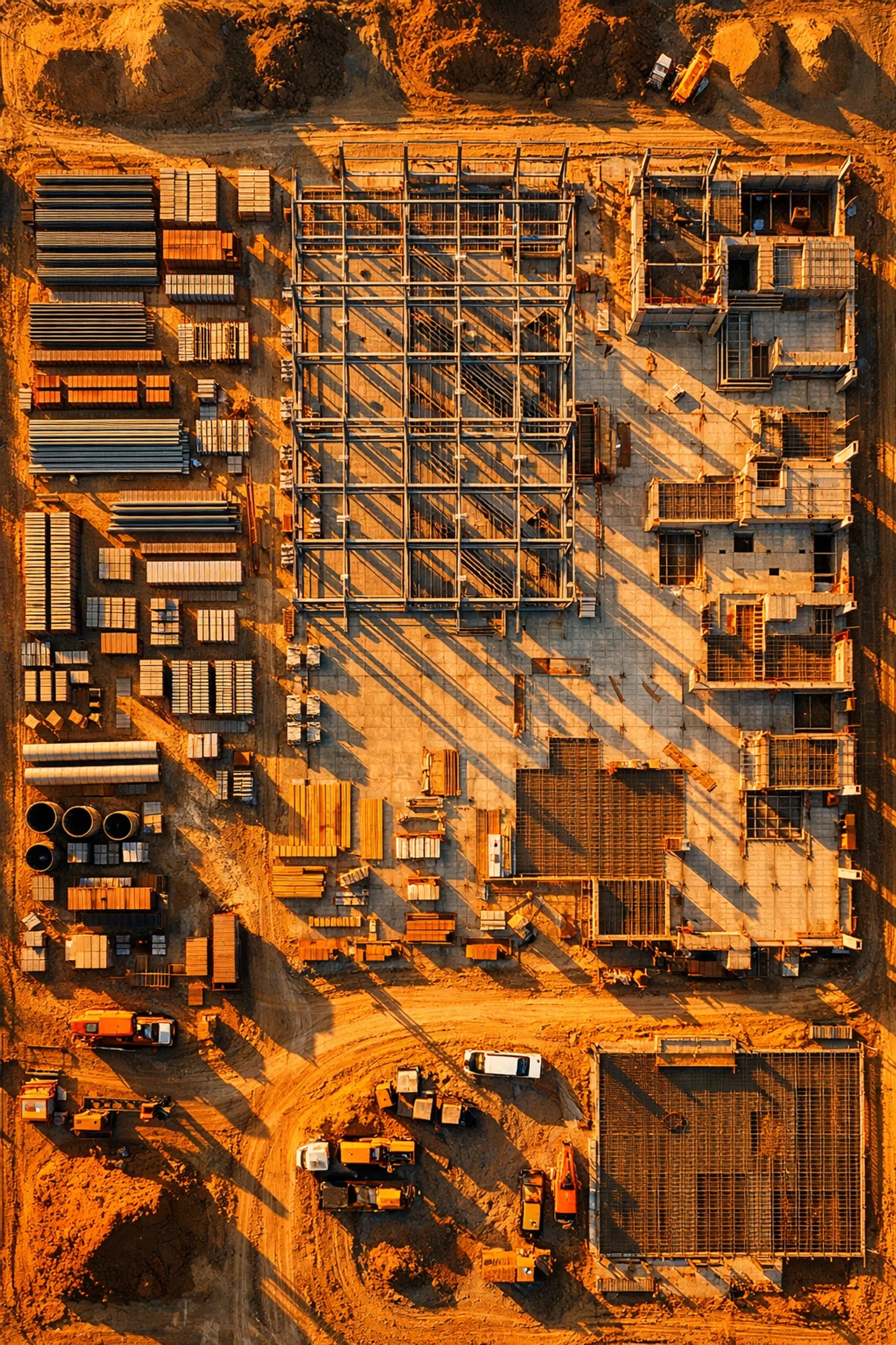 High-angle drone photography showing progress and site organization of a large commercial construction project.