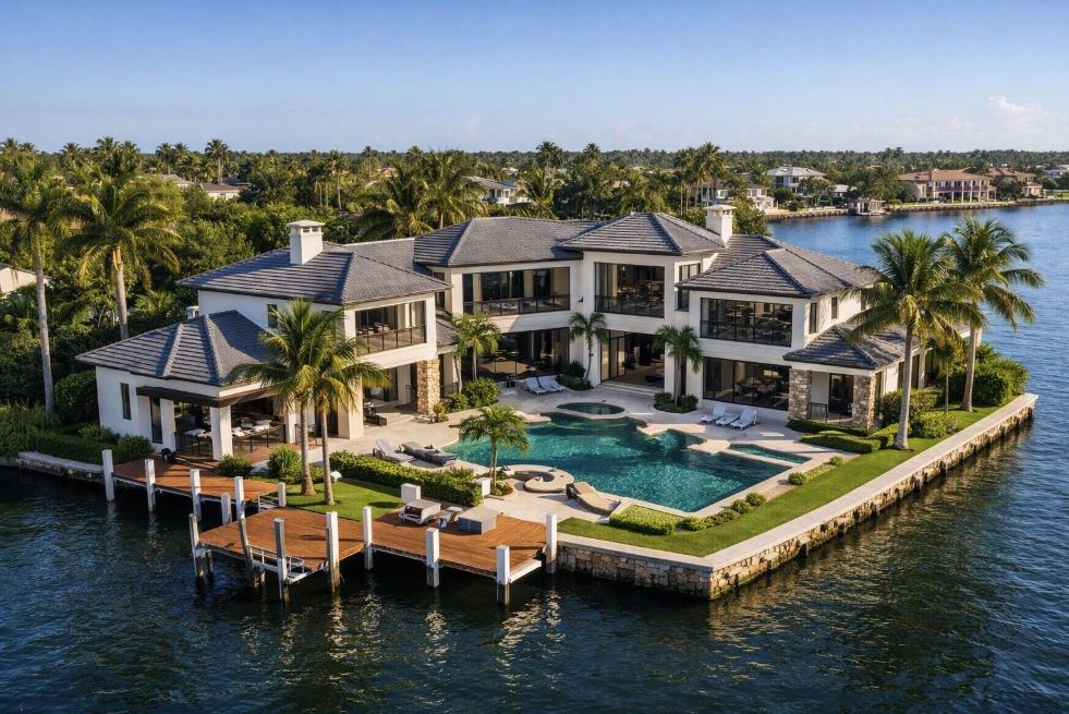 Elevated cinematic drone view of a luxury Florida waterfront house showcasing high-end real estate presentation and premium property context.