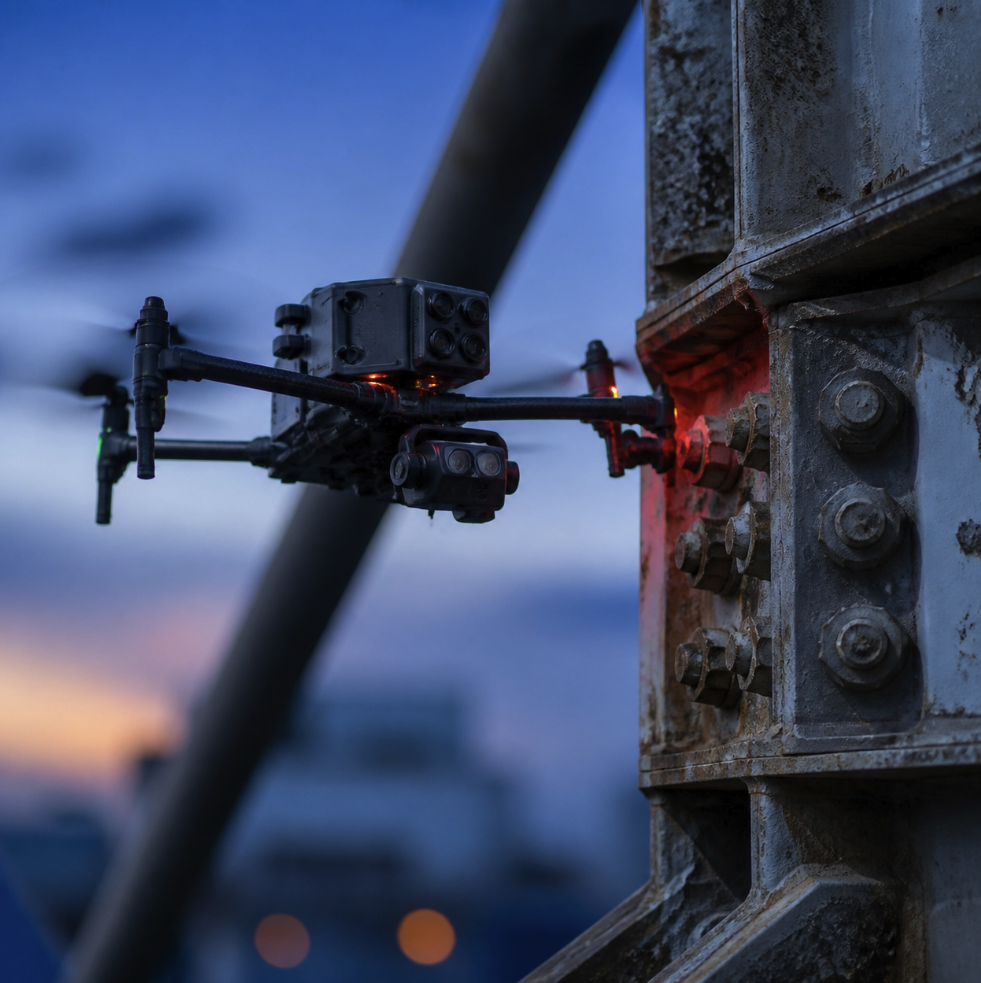 Specialized drone performing a structural infrastructure inspection on a communication tower.