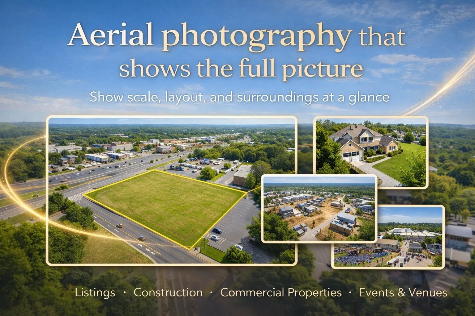Drone aerial photography of a commercial property showing site layout, surrounding roads, and property boundaries