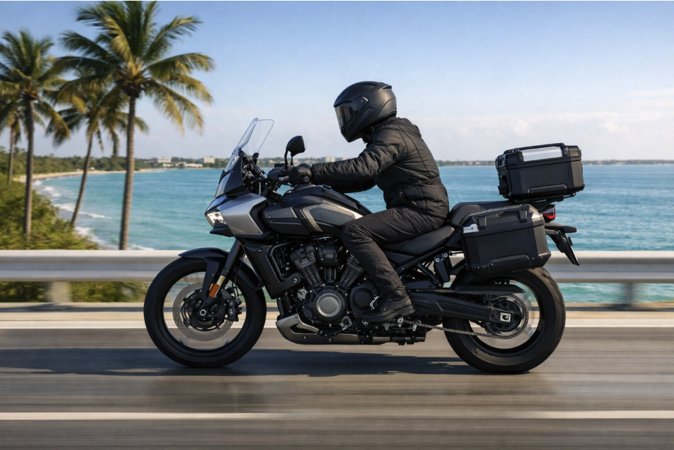 Cinematic aerial side-profile shot of a premium motorcycle in motion on a scenic Florida coastal causeway