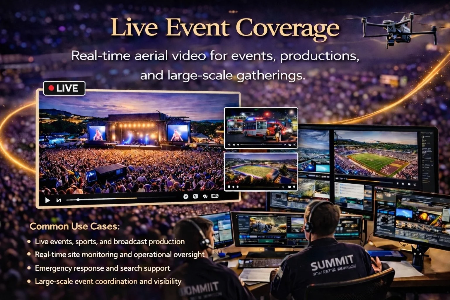 A promotional image showing live event coverage with aerial video technology. The scene includes a stage at a large outdoor concert, multiple screens displaying live footage, and a control room with operators monitoring video feeds. Text highlights real-time aerial video for events, productions, and large gatherings.