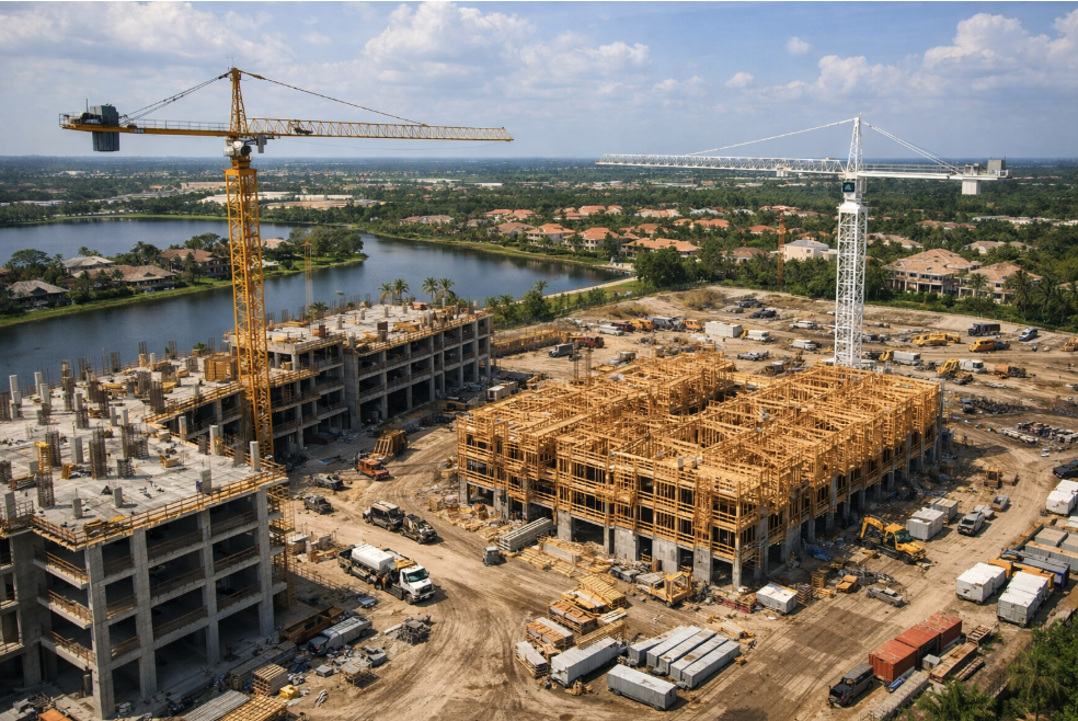 Aerial view of a professional Florida construction and waterfront development project captured with realistic, high-end visual clarity.