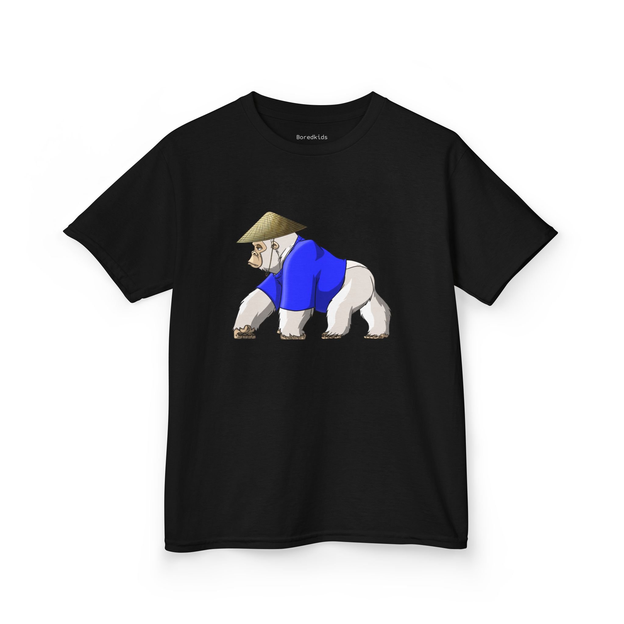 Black T-shirt with a graphic of a gorilla in a blue coat and a conical Asian hat.
