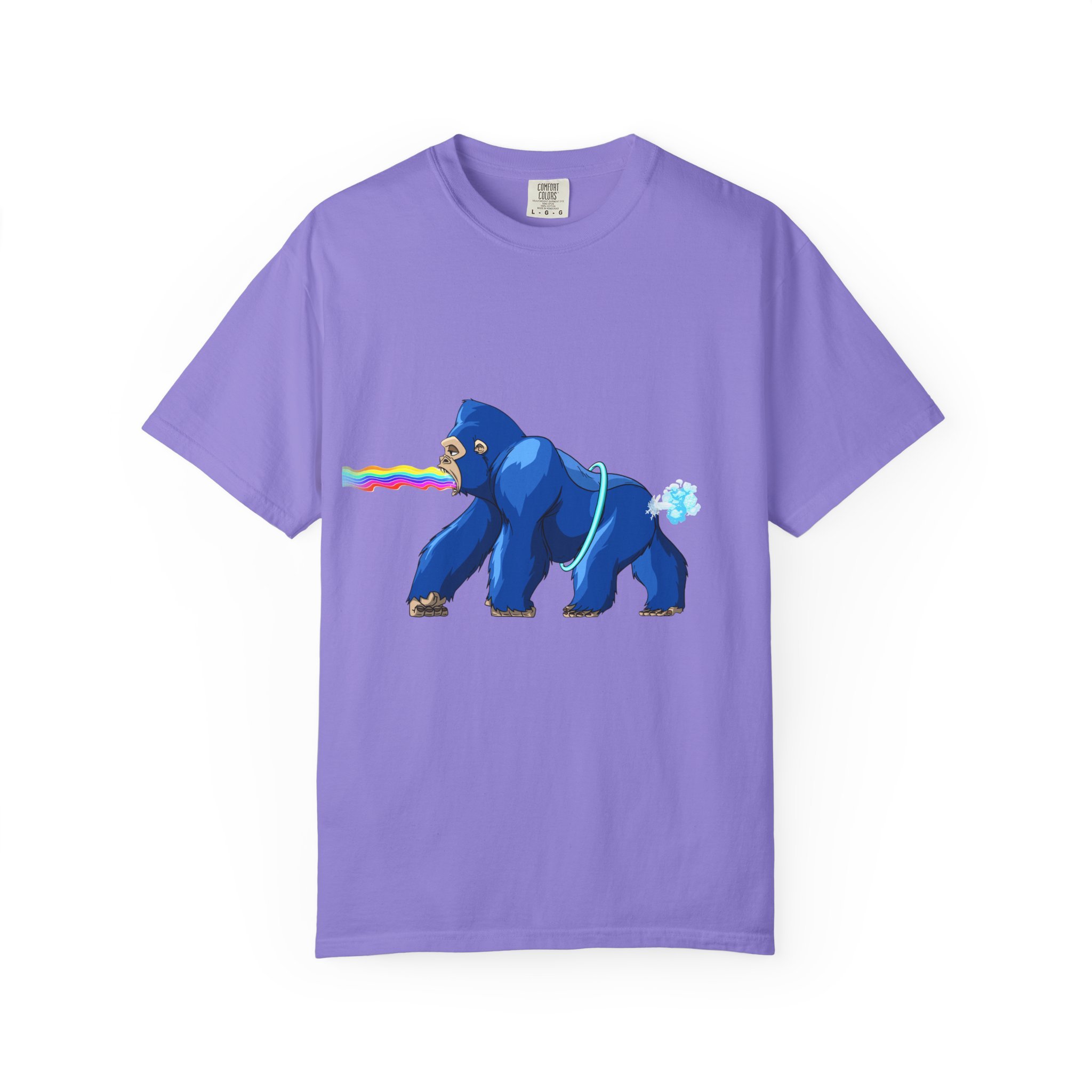 Lavender T-shirt with a graphic of a blue gorilla releasing a rainbow-colored beam.