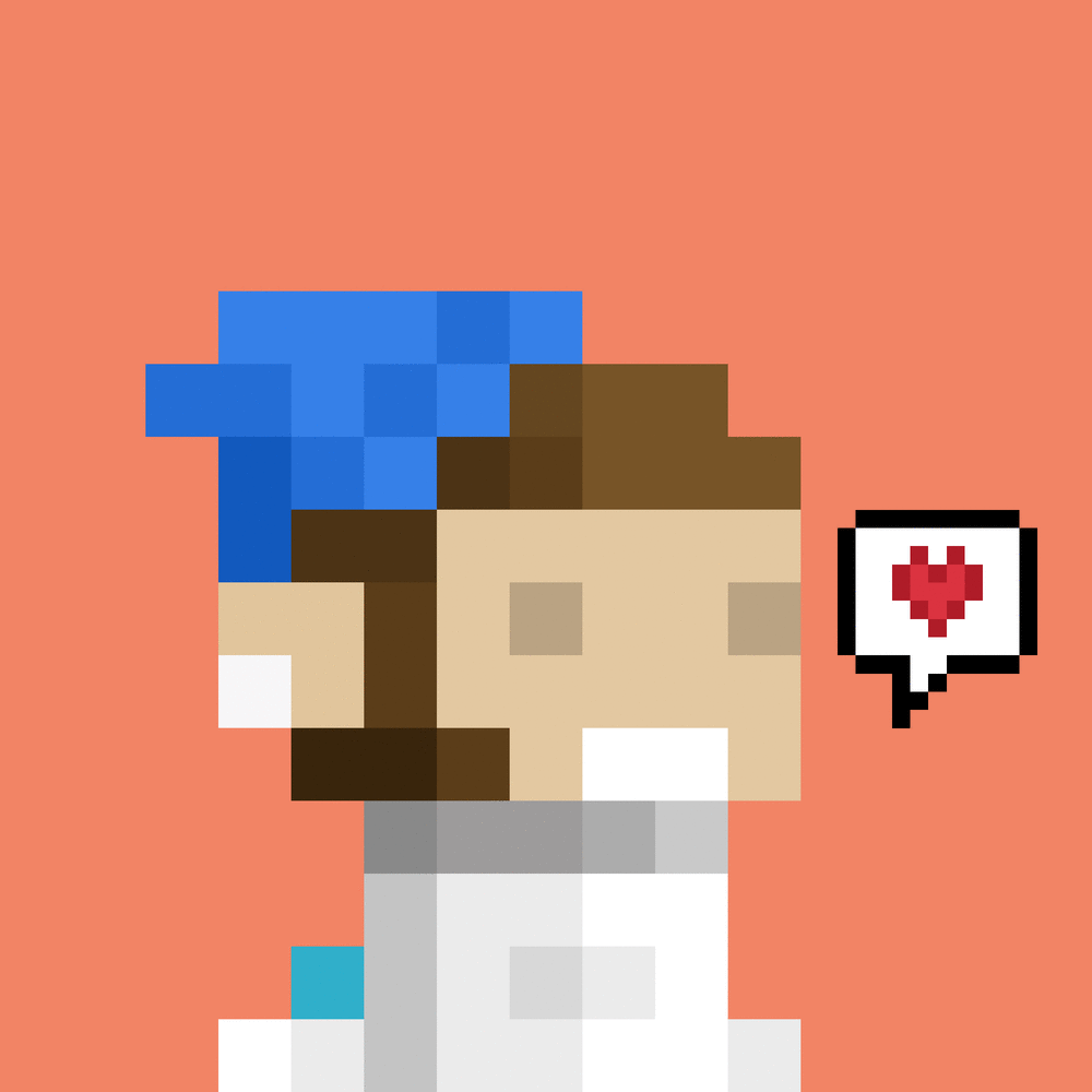 Pixel art of a person wearing a blue hat and white clothes, with a speech bubble containing a red heart, set against an orange background.