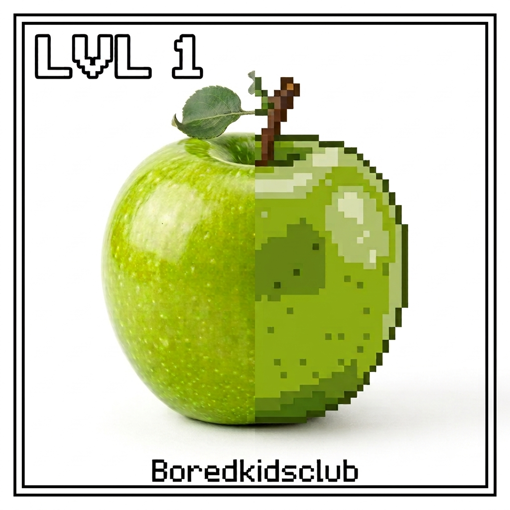 A green apple with a quarter slice missing, revealing a pixelated, video game style pixel art interior slice, with the words "LVL 1" at the top and "Boredkidsclub" at the bottom.